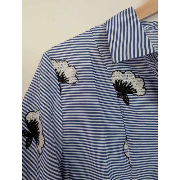 GRACIA Blue Stripe Floral Ruffle Sleeve Asymmetrical Shirt L Bold Statement Glam - Picture 8 of 11